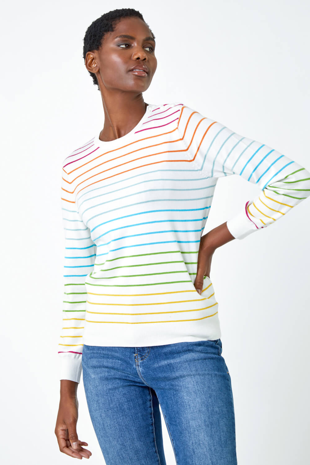 Ivory  Stripe Print Button Detail Jumper, Image 4 of 5