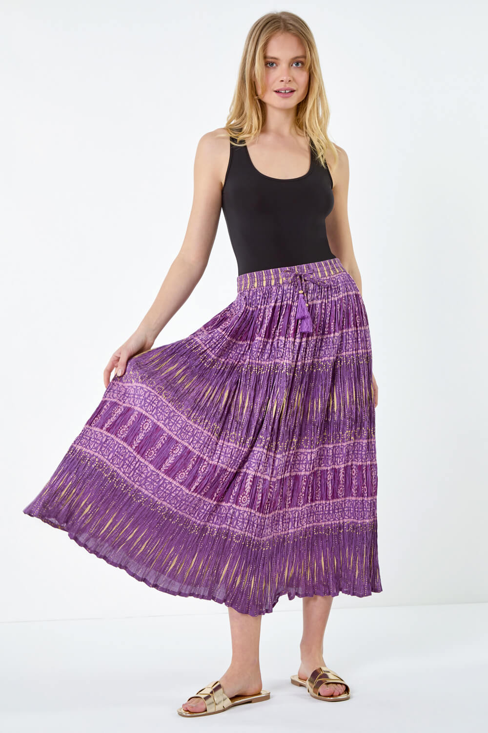 Purple Crinkle Cotton Metallic Foil A Line Midi Skirt, Image 2 of 7