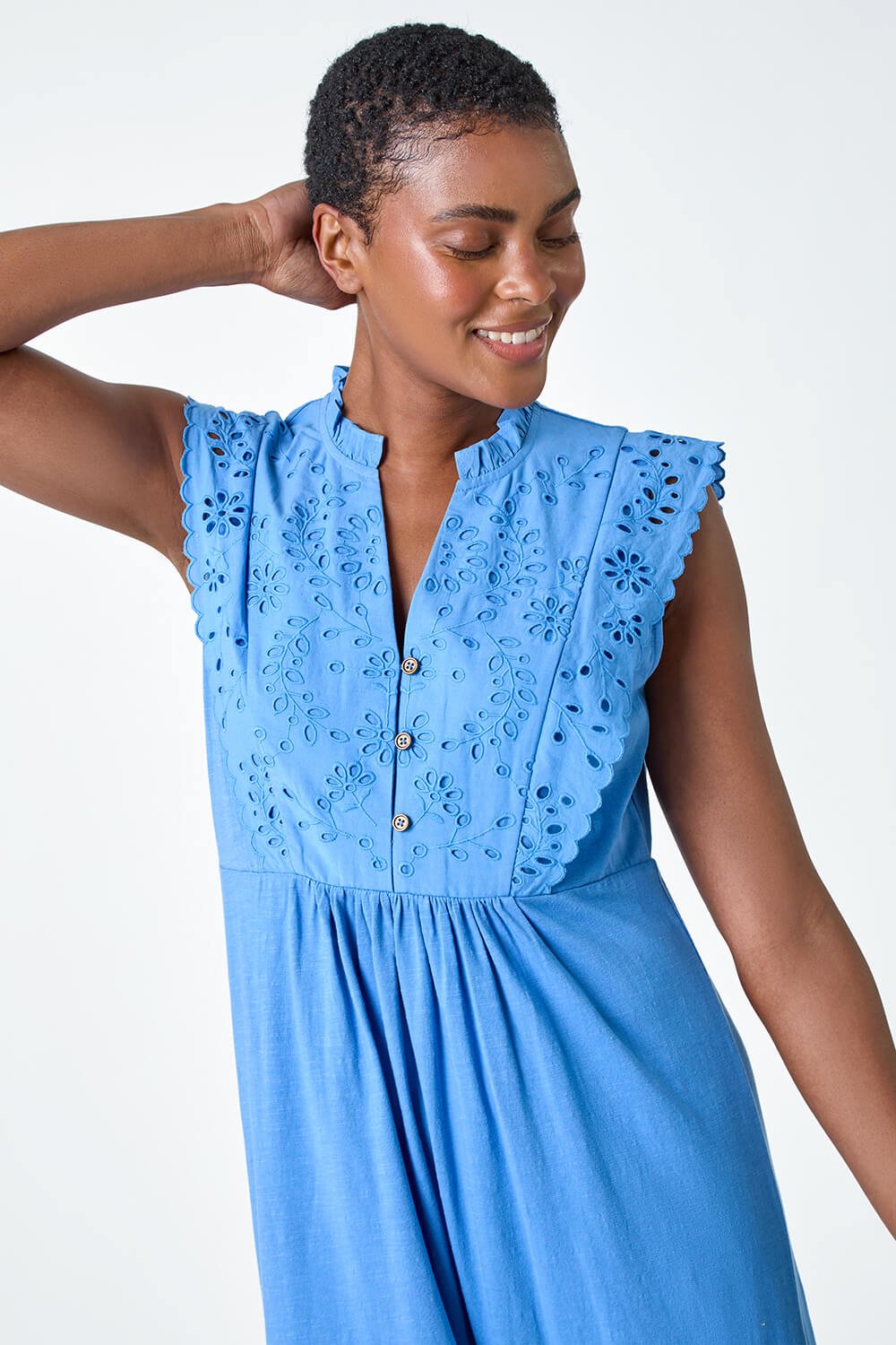 Light Blue  Broderie Frilled Cotton Midi Dress, Image 4 of 5