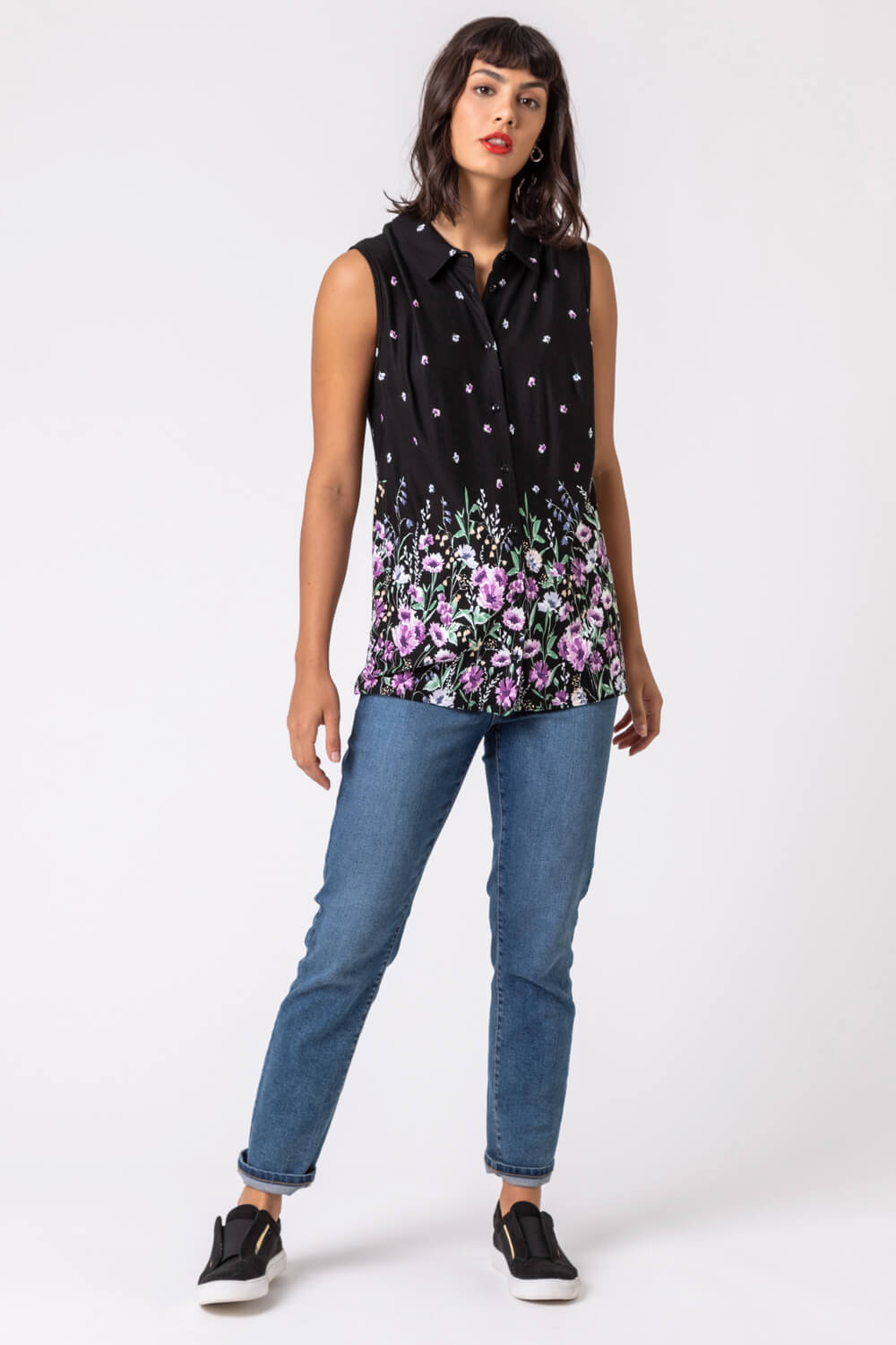 Black Floral Border Print Sleeveless Shirt, Image 3 of 4