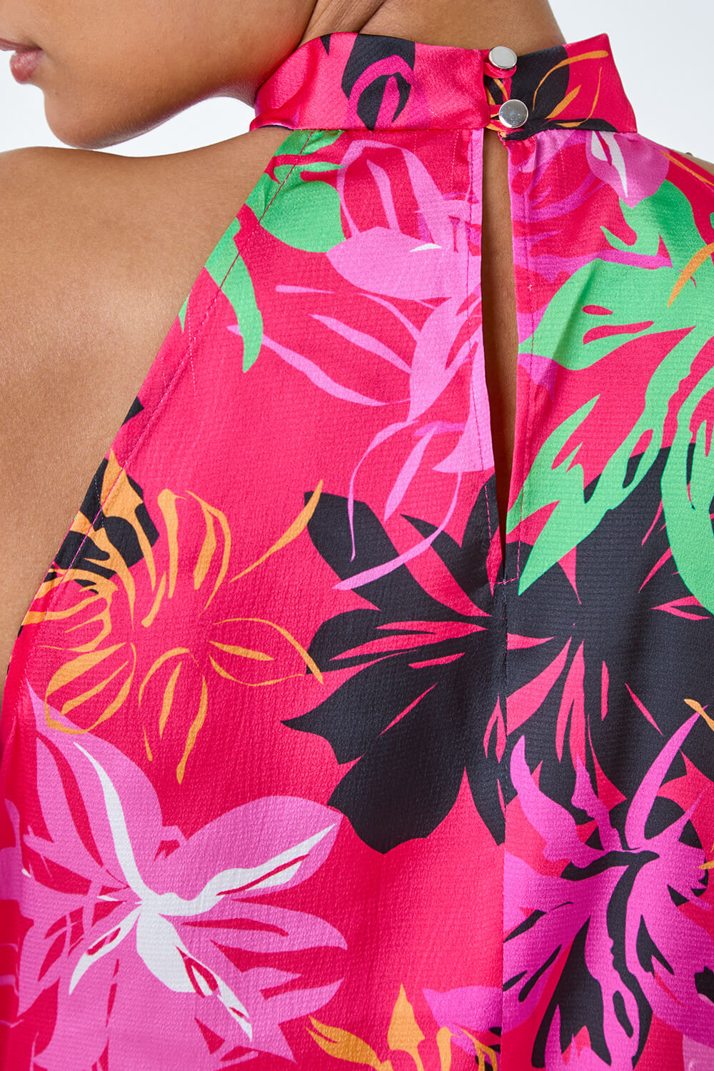 Fuchsia Floral High Neck Keyhole Detail Top, Image 4 of 4