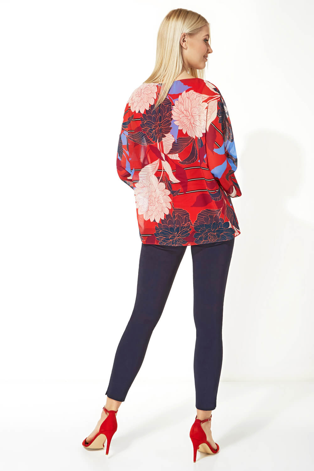 Red Floral Overlay Chiffon Top, Image 3 of 5