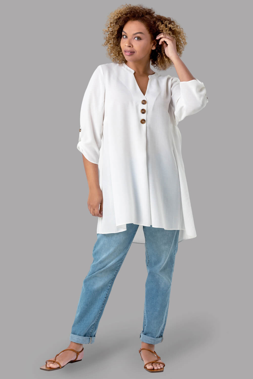 Curve Button Detail Tunic Top in Ivory - Roman Originals UK