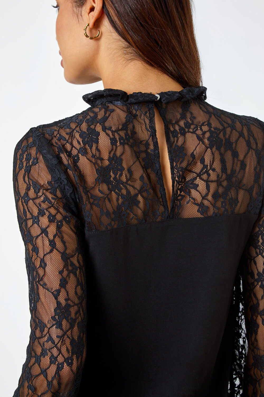 Black Lace Detail High Neck Stretch Top, Image 5 of 5