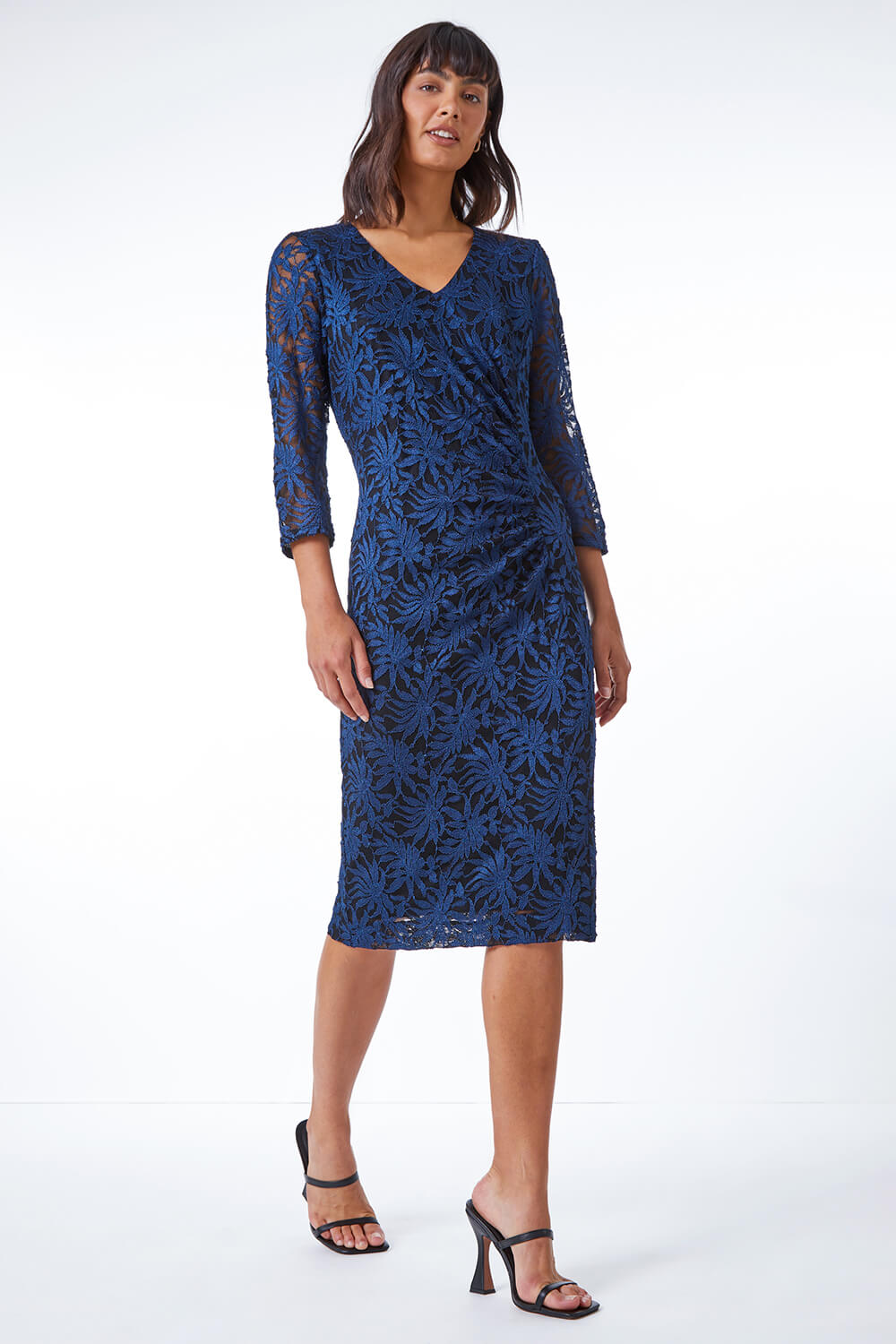 Palm Print Ruched Lace Dress in Petrol Blue - Roman Originals UK