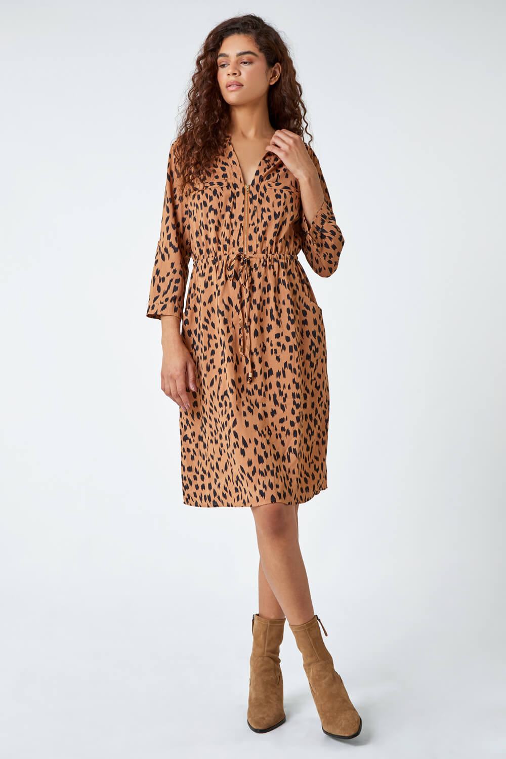 Camel  Leopard Print Zip Detail Shirt Dress, Image 2 of 5