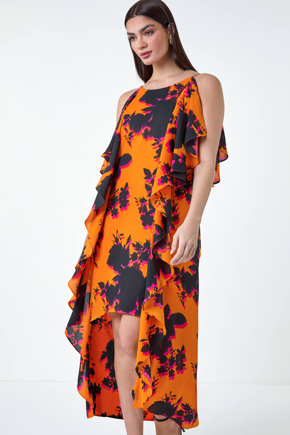 Orange Floral Chiffon Ruffle Detail Midi Dress | Roman UK
