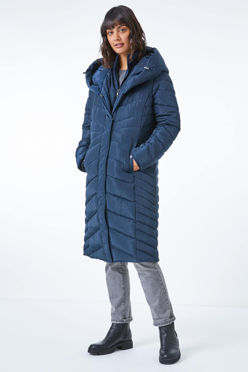 Midnight Blue Hooded Quilted Coat, Image 2 of 5