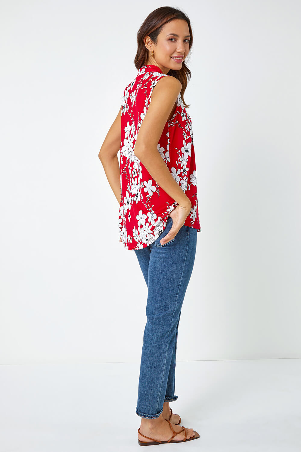 Red Textured Floral Print Sleeveless Top, Image 3 of 5