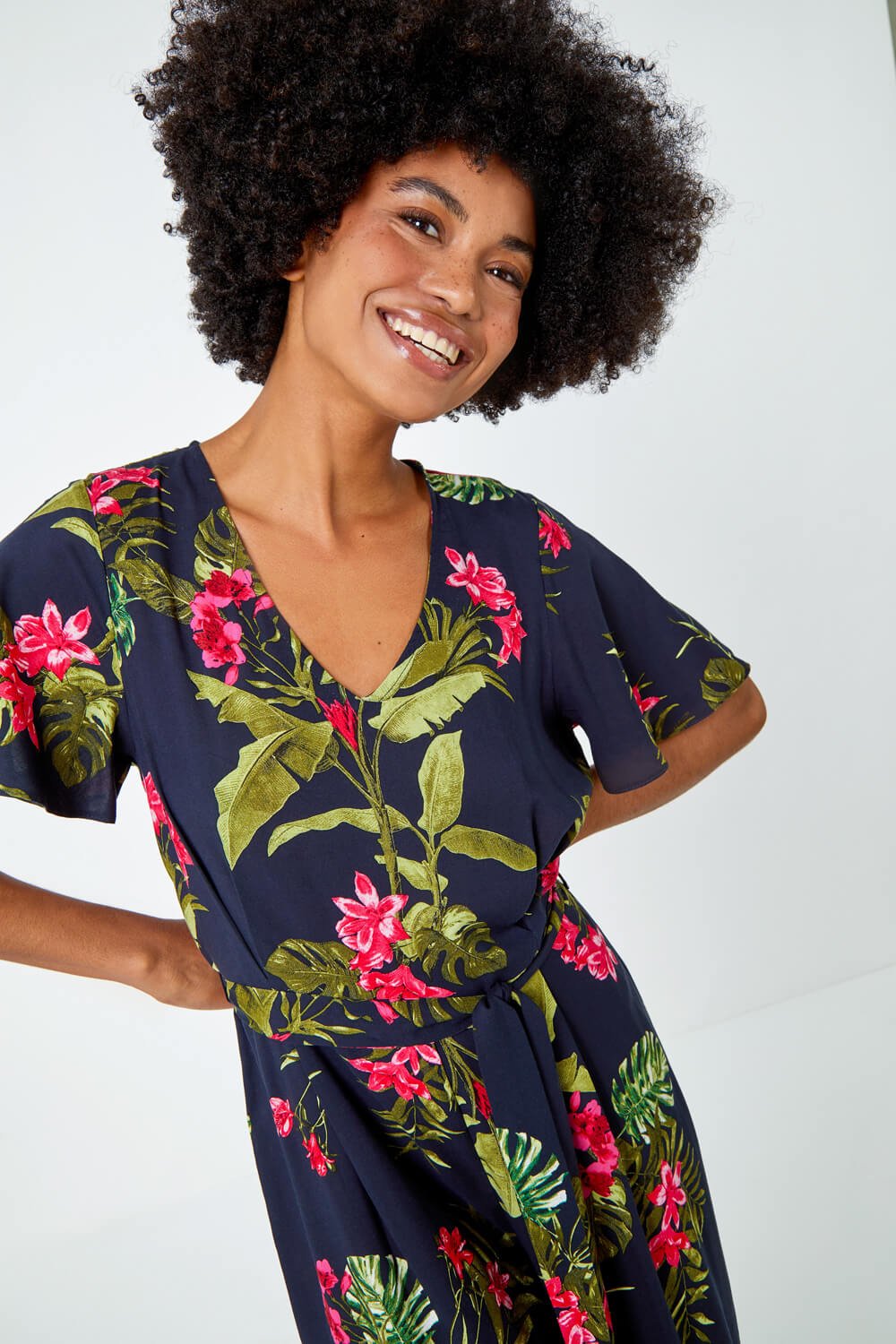 Navy  Tropical Print Belted Jumpsuit, Image 4 of 5