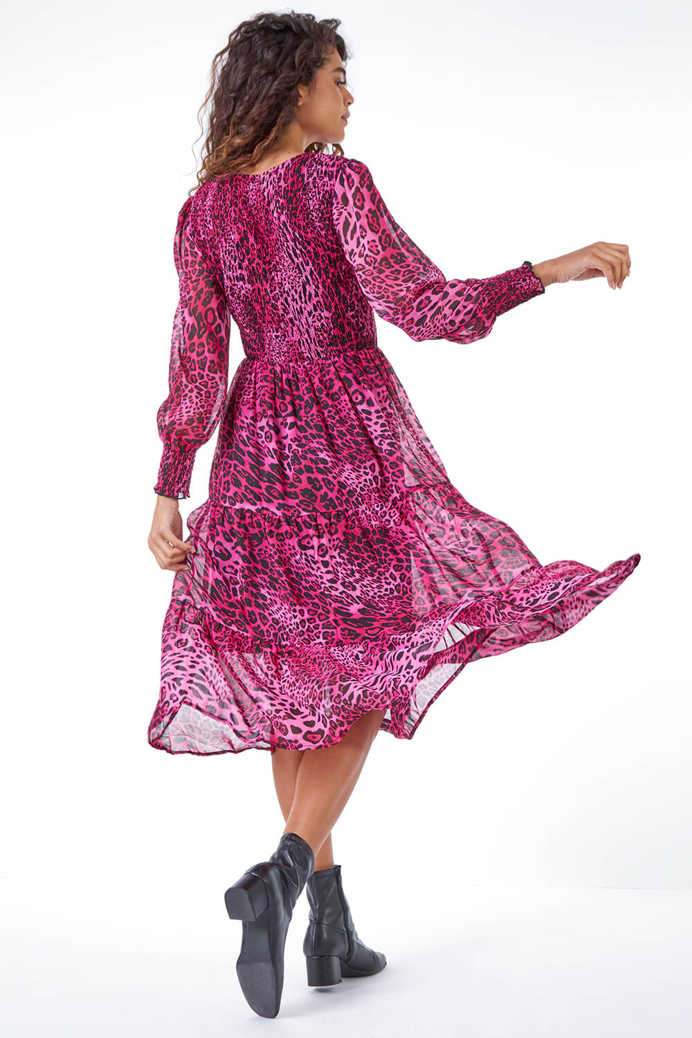 Animal Print Shirred Midi Dress in Cerise Roman Originals UK