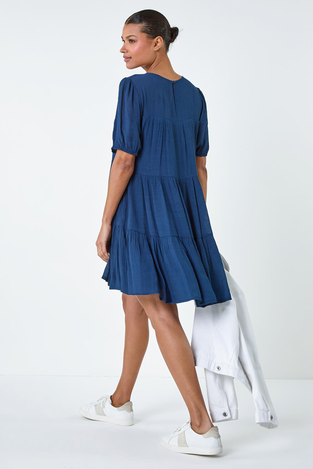 Navy  Textured Tiered Smock Dress, Image 3 of 5