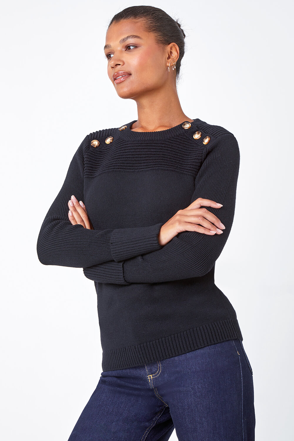 Black Button Detail Ribbed Jumper , Image 4 of 5