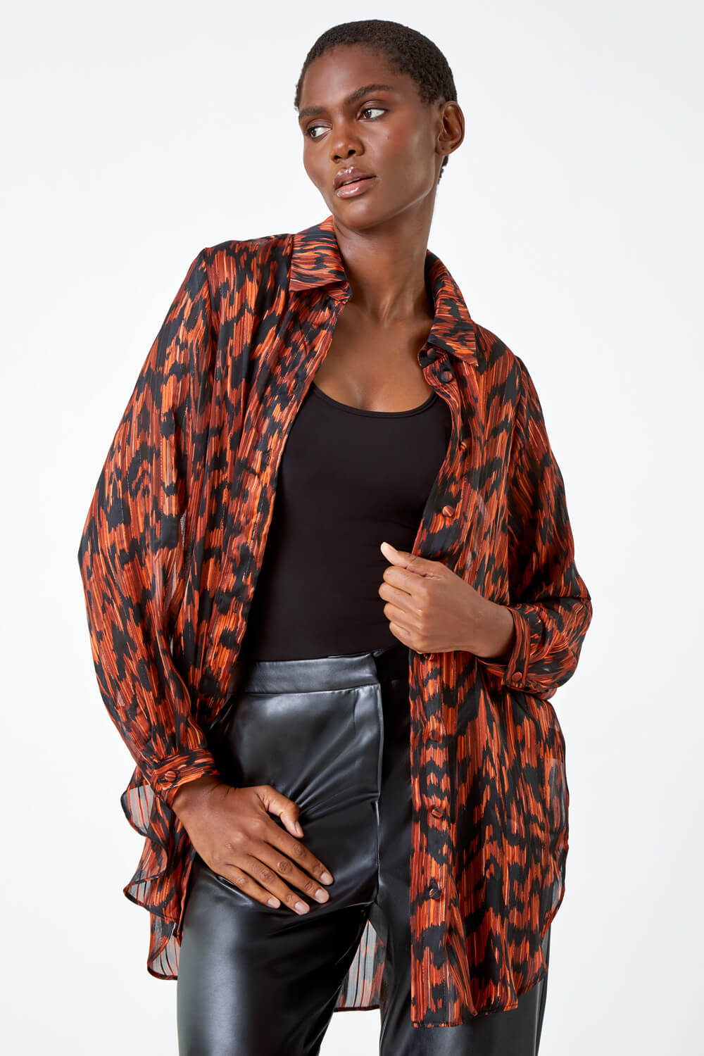Rust Abstract Animal Print Longline Blouse , Image 1 of 5