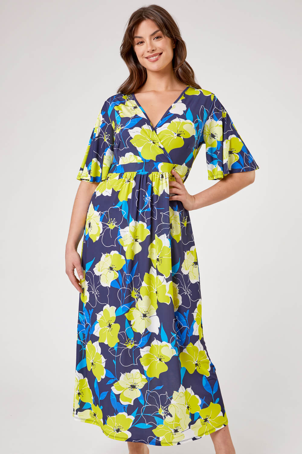 Curve Floral Print Wrap Dress in Lime - Roman Originals UK
