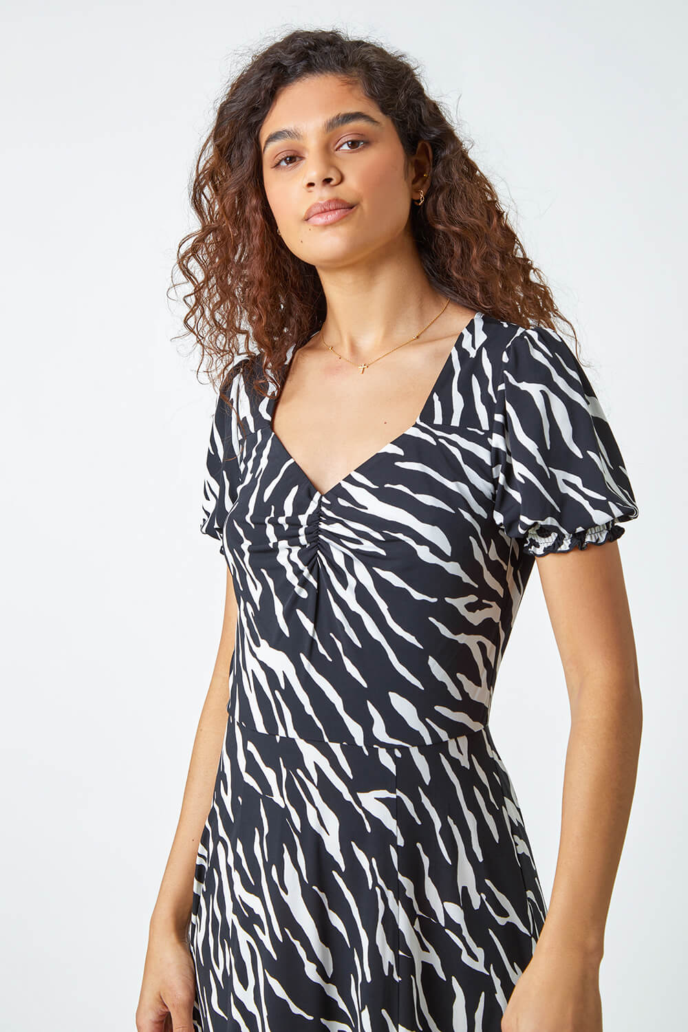 Black Zebra Print Stretch Ruched Midi Dress, Image 4 of 5