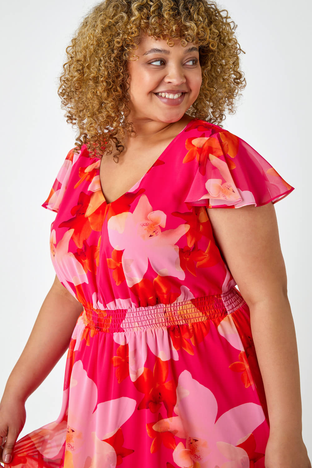 PINK Curve Floral Shirred Maxi Dress, Image 4 of 5