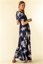 Floral Print Shirred Waist Maxi Dress in Navy - Roman Originals UK